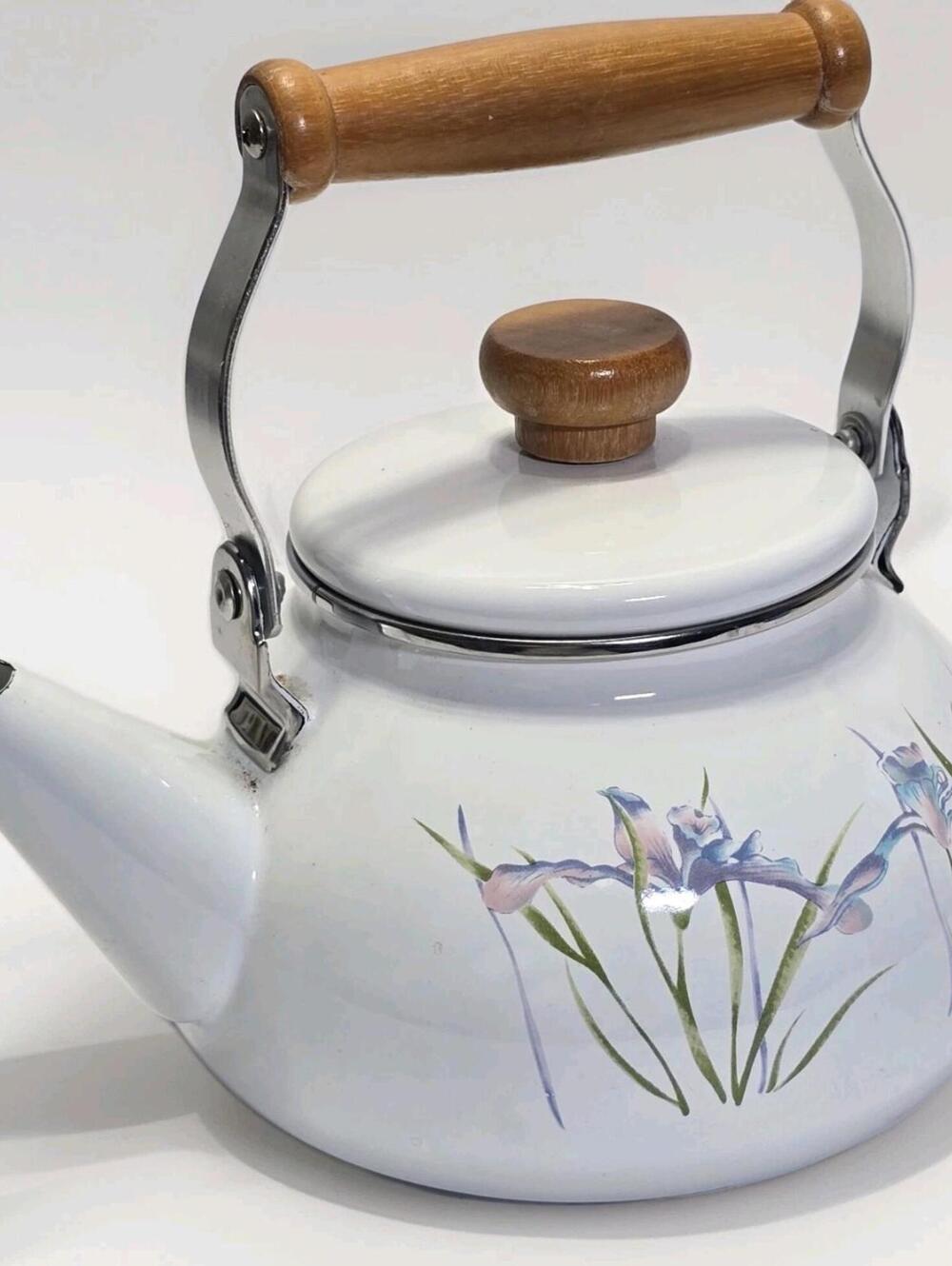 Vintage Teapot Enamel Kettle with Wooden Handle and Pot Top Floral Design